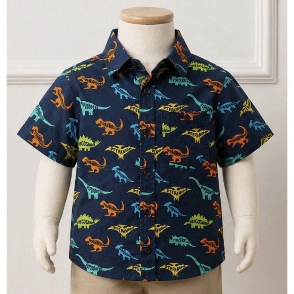 EIGHTY EIGHT Boys Blue Dinosaur Button Up Short Sleeve Shirt Size 5/6 Cotton